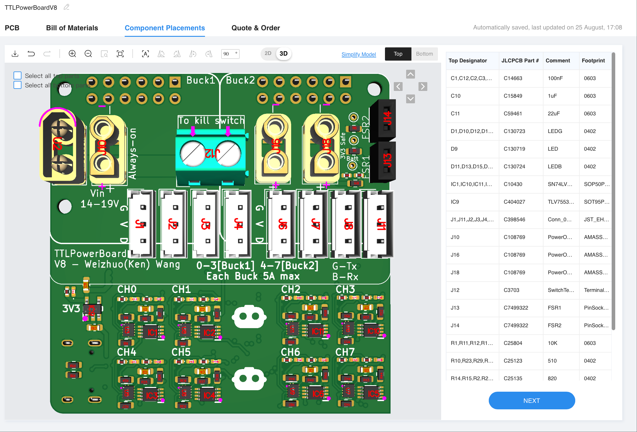 Front of PCB, part placement